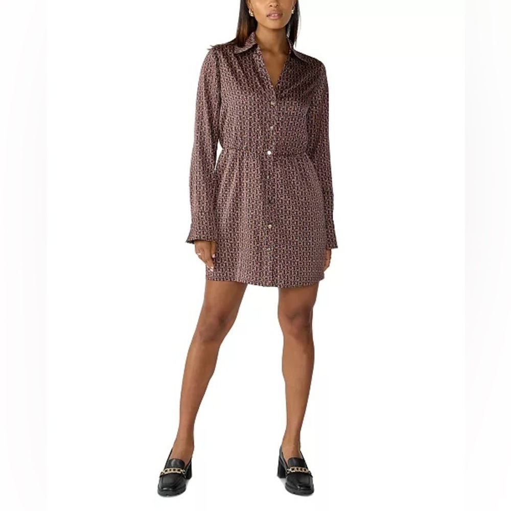 Sanctuary shirt Dress ‘A Day To Shine’ satin brown MINI belted collared XS M‎